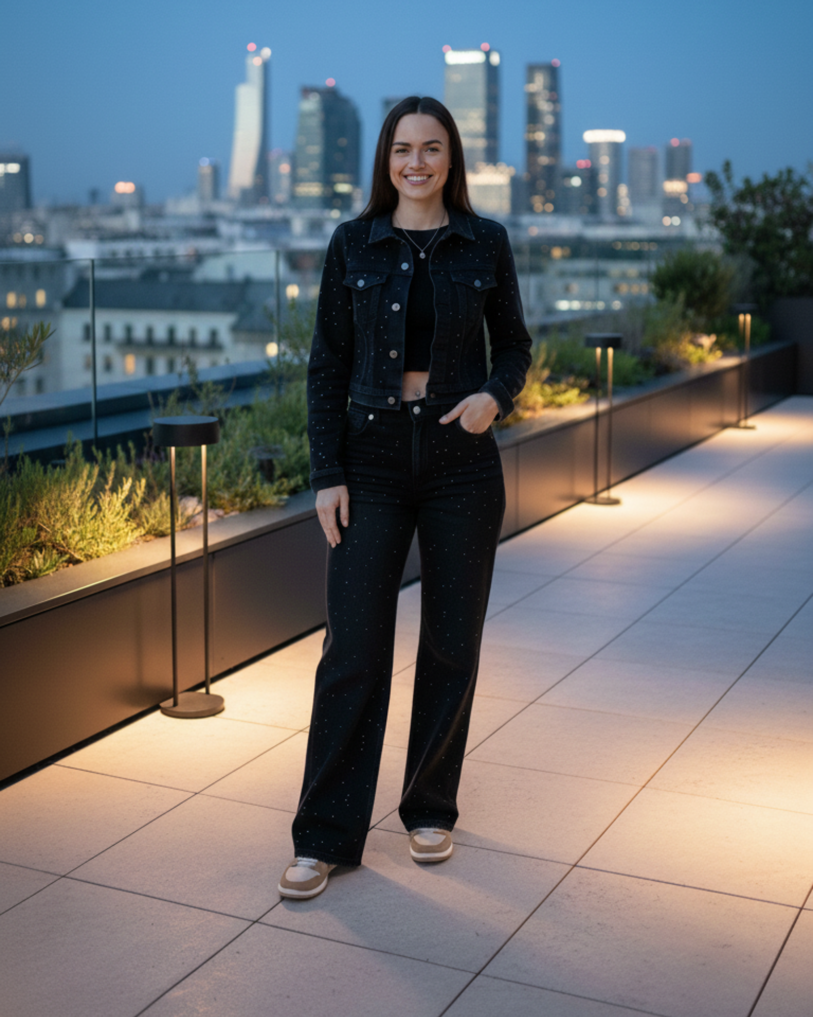 Clara| Czarny Komplet Denim z Nitami