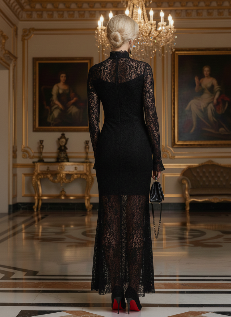 Elwira | Elegancka czarna sukienka maxi z koronką