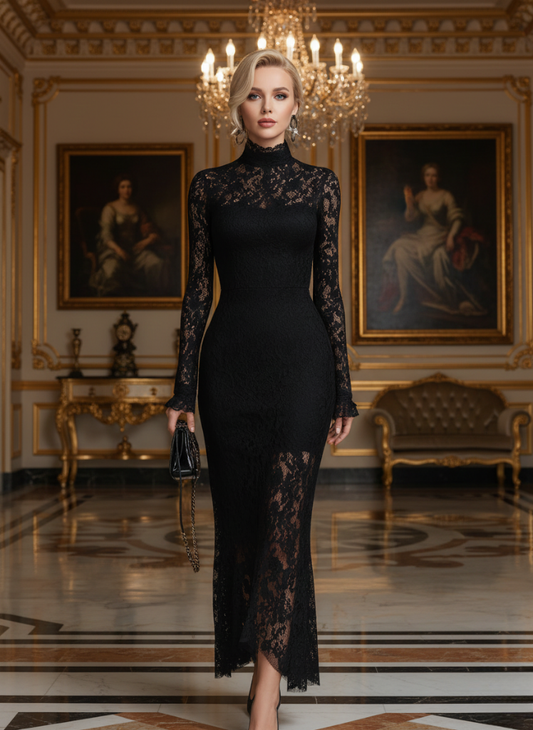 Elwira | Elegancka czarna sukienka maxi z koronką